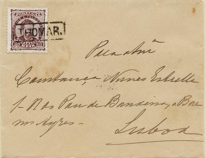 0280.jpg -     Lote:    280            Colecção Clássica - 2.ª parte       Descrição:         1882/1883 &mdash; D. Luís I de frente. Sobrescrito circulado de Tomar para Lisboa (07.11.85) com selo de 25 reis castanho, denteado 11 &frac12;, papel porcelana CE57. Carimbo nominativo de THOMAR., batido a preto (Gordon 404).        Carta       Valor Base:     &euro; 12,00     Valor Venda:     &euro; 12,00     