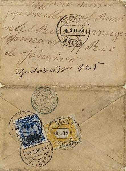 0282.jpg -     Lote:    282            Colecção Clássica - 2.ª parte       Descrição:         1876/1882 &mdash; D. Luís I, fita direita + D. Luís I de frente. Sobrescrito circulado de Arcos (08.10.89) para o Rio de Janeiro (31.10.89) com trânsito por Lisboa (10.10.89), franquiado com selo de 80 reis amarelo, denteado 12 &frac12;, papel porcelana CE42 + selo de 50 reis azul, denteado 11 &frac12;, papel porcelana CE58.        Carta       Valor Base:     &euro; 30,00     Valor Venda:     &euro; 30,00     