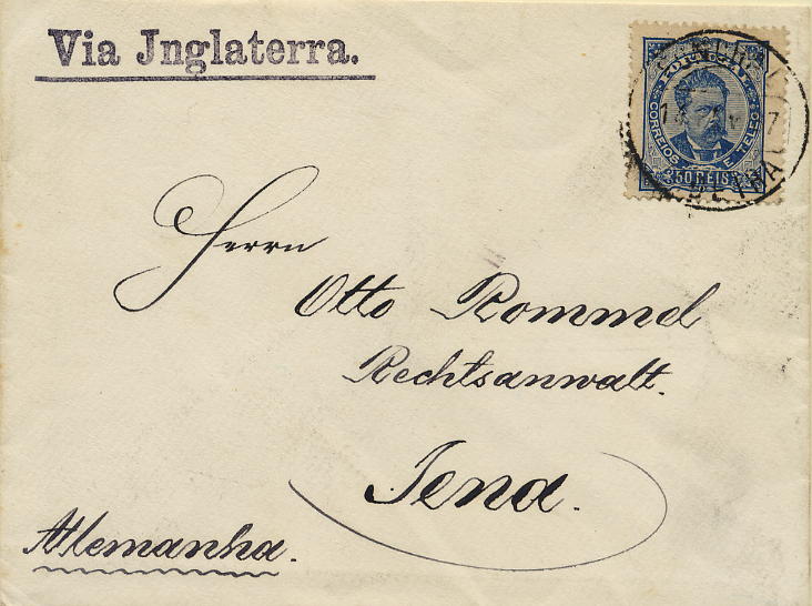 0286.jpg -     Lote:    286            Colecção Clássica - 2.ª parte       Descrição:         1882/1883 &mdash; D. Luís I de frente. Sobrescrito circulado do Funchal (14.02.87) para a Alemanha (03.03.87) com selo de 50 reis azul, denteado 13 &frac12;, papel liso CE58.        Carta       Valor Base:     &euro; 15,00     Valor Venda:     &euro; 38,00     