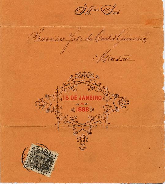 0289.jpg -     Lote:    289            Colecção Clássica - 2.ª parte       Descrição:         1884/1887 &mdash; D. Luís I de frente. Novos valores. Cinta de jornal, circulado de Braga (17.01.1888) para Monção, com selo de 5 reis preto cinzento, denteado 11 &frac12;, papel liso CE60.        CNT       Valor Base:     &euro; 8,00     Valor Venda:     &euro; 20,00     
