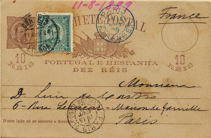 0291.jpg -     Lote:    291            Colecção Clássica - 2.ª parte       Descrição:         1884/87 &mdash; D. Luís I de frente. Inteiro postal de 10 reis, castanho vermelho OM9, circulado com adicional de 10 reis verde, denteado 11 &frac12;, papel porcelana CE61 de Lisboa (11.08.89) para Paris (14.08.89).        IC       Valor Base:     &euro; 15,00     Valor Venda:     &euro; 15,00     
