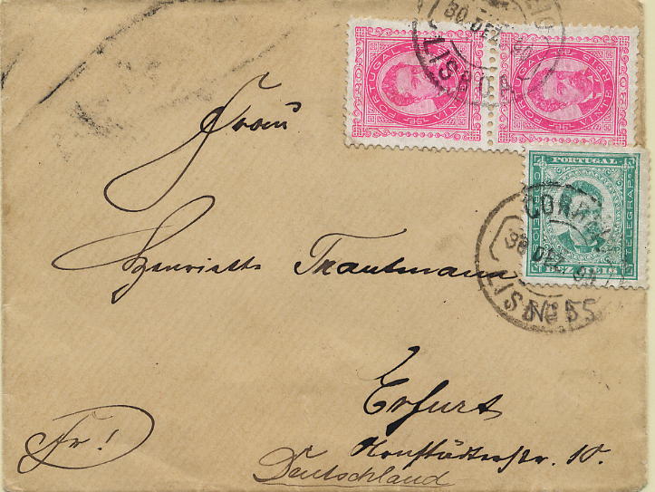 0292.jpg -     Lote:    292            Colecção Clássica - 2.ª parte       Descrição:         1884/87 &mdash; D. Luís I de frente. Sobrescrito circulado de Lisboa (30.12.90) para a Alemanha (03.01.91) com selo de 10 reis verde, denteado 11 &frac12;, papel porcelana CE61 + par de 20 reis carmim rosa, denteado 11 &frac12;, papel porcelana CE62. MB e R.        Carta       Valor Base:     &euro; 40,00     Valor Venda:     &euro; 40,00     