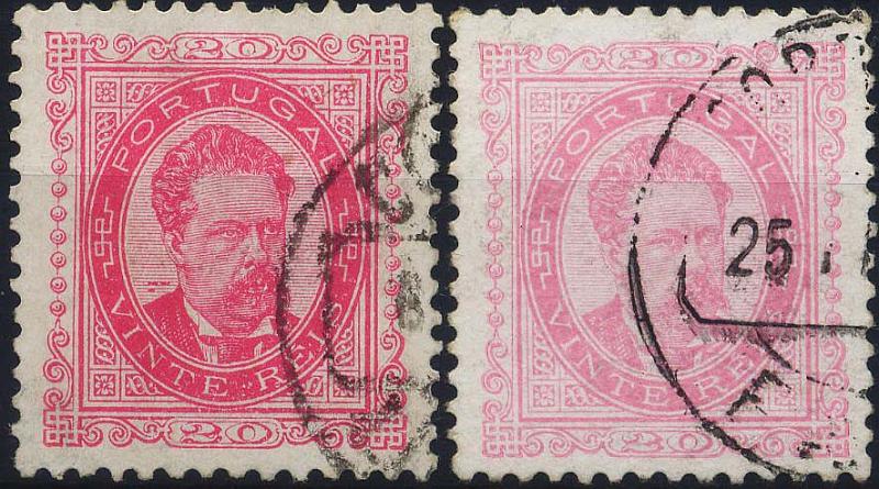 0294.jpg -     Lote:    294            Colecção Clássica - 2.ª parte       Descrição:         1884/87 &mdash; D. Luís I de frente. Novos valores. CE62, 20 reis, denteado 11 &frac12;. Lote de dois selos um em rosa carmim e outro em rosa. Valor de catálogo &euro; 58,80.        O       Valor Base:     &euro; 10,00     Valor Venda:     Retirado     