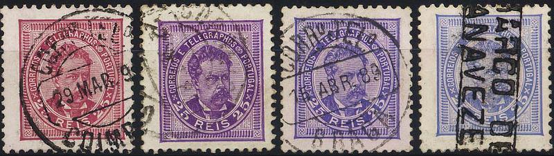 0295.jpg -     Lote:    295            Colecção Clássica - 2.ª parte       Descrição:         1884/87 &mdash; D. Luís de frente. Novos valores. CE63, 25 reis, denteado 11 &frac12;. Lote de quatro selos em diferentes tonalidades de cor. Alguma marcofilia. Valor de catálogo &euro; 20,20.        O       Valor Base:     &euro; 5,00     Valor Venda:     Retirado     