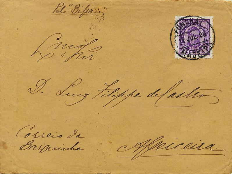 0296.jpg -     Lote:    296            Colecção Clássica - 2.ª parte       Descrição:         1884/87 &mdash; D. Luís I de frente. Novos valores. Sobrescrito circulado do Funchal (11.07.88) para Asseceira, com trânsito por Lisboa com selo de 25 reis violeta.        Carta       Valor Base:     &euro; 6,00     Valor Venda:     &euro; 6,00     
