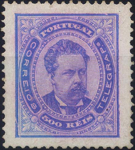 0300.jpg -     Lote:    300            Colecção Clássica - 2.ª parte       Descrição:         1884/87 &mdash; D. Luís I de frente. Novos valores. CE65, 500 reis violeta, papel porcelana, denteado 13 &frac12;. Selo novo sem charneira, com ligeira alteração de cor. Valor de catálogo &euro; 1.050,00.        *       Valor Base:     &euro; 100,00     Valor Venda:     Retirado     