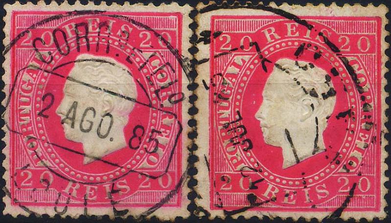 0302.jpg -     Lote:    302            Colecção Clássica - 2.ª parte       Descrição:         1884 &mdash; D. Luís I. Fita direita. Nova cor e valor. CE66, 20 reis carmim. Lote composto por dois selos em denteado 13 &frac12;, papel porcelana com diferentes tonalidades de cor". Valor de catálogo &euro; 298,00.        O       Valor Base:     &euro; 50,00     Valor Venda:     Retirado     