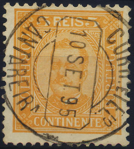 0307.jpg -     Lote:    307            Colecção Clássica - 2.ª parte       Descrição:         1892/93 &mdash; D. Carlos I, tipo Diogo Neto. CE68, 5 reis amarelo, papel porcelana, denteado 11 &frac12;. Selo obliterado com CCD de "CANTAREIRA". Raridade 7 (Gordon).        O       Valor Base:     &euro; 10,00     Valor Venda:     &euro; 16,00     