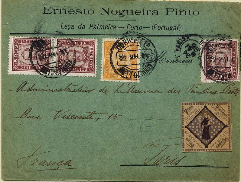 0313.jpg -     Lote:    313            Colecção Clássica - 2.ª parte       Descrição:         1892/93 &mdash; D. Carlos I, tipo Diogo Neto. Sobrescrito circulado de Matozinhos (22.05.95) para Paris (24.05.95) com selo de 5 reis amarelo CE68 + 3 selos de 15 reis castanho, todos em denteado 12 &frac12;, papel porcelana CE74. Vinheta do Centenário de S. António.        Carta       Valor Base:     &euro; 30,00     Valor Venda:     &euro; 34,00     