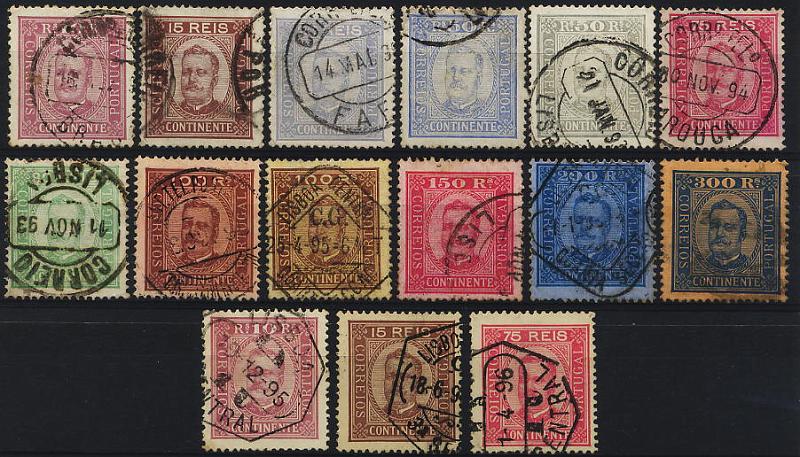 0316.jpg -     Lote:    316            Colecção Clássica - 2.ª parte       Descrição:         1892/93 &mdash; D. Carlos I, tipo Diogo Neto. Lote composto por 15 selos todos em denteado 13 &frac12;: série completa em papel porcelana, com repetições nos selos de 50 e 100 reis + série completa em papel pontinhado. Valor de catálogo &euro; 660,15.        O       Valor Base:     &euro; 90,00     Valor Venda:     Retirado     