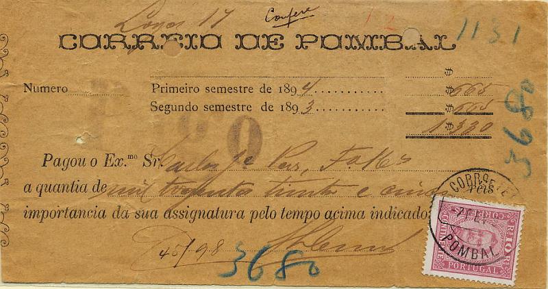 0317.jpg -     Lote:    317            Colecção Clássica - 2.ª parte       Descrição:         1892/93 &mdash; D. Carlos I, tipo Diogo Neto. Recibo à cobrança por via postal do "CORREIO DE POMBAL" (07.02.94) com selo de 10 reis violeta vermelho, papel porcelana, denteado 13 &frac12;. Furo de arquivo reparado.        DOC       Valor Base:     &euro; 10,00     Valor Venda:     &euro; 12,00     