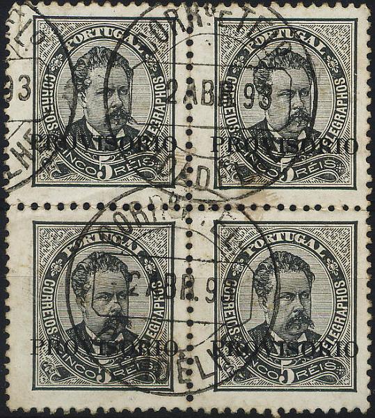 0319.jpg -     Lote:    319            Colecção Clássica - 2.ª parte       Descrição:         1892/93 &mdash; D. Luís I. Sobrecargas "PROVISÓRIO". Sobrecarga a. CE80, 5 reis preto, papel porcelana, denteado 11 &frac12;. Quadra obliterada com CCD de CIDADELHE (raridade 7 &mdash; Gordon). Valor de catálogo &euro; 62,00..        O       Valor Base:     &euro; 20,00     Valor Venda:     &euro; 22,00     
