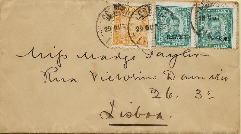 0322.jpg -     Lote:    322            Colecção Clássica - 2.ª parte       Descrição:         1892/93 &mdash; D. Luís I. Sobrecargas "PROVISÓRIO" + D. Carlos I Diogo Neto. Sobrescrito circulado em Lisboa (29.10.92) com selo de 5 reis amarelo, denteado 11 &frac12;, papel porcelana CE68 + par de 10 reis verde, sobrecarga b, denteado 11 &frac12;, papel porcelana. Sobrecarga deslocada. MB.        Carta       Valor Base:     &euro; 50,00     Valor Venda:     &euro; 50,00     