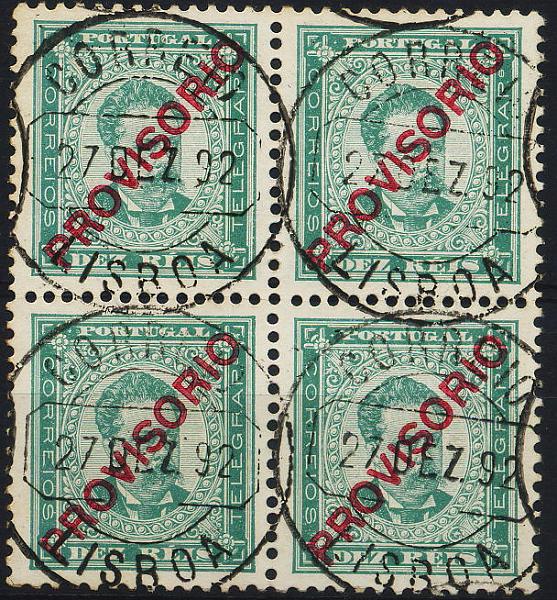 0324.jpg -     Lote:    324            Colecção Clássica - 2.ª parte       Descrição:         1892/93 &mdash; D. Luís I. Sobrecargas "PROVISÓRIO". Sobrecarga c. CE83, 10 reis verde, denteado 11 &frac12;, papel porcelana. Quadra obliterada com CCD de Lisboa (27.12.92). Catálogo referencia a entrada em circulação dos selos em 01.01.93. Valor de catálogo &euro; 65,60.        O       Valor Base:     &euro; 15,00     Valor Venda:     Retirado     