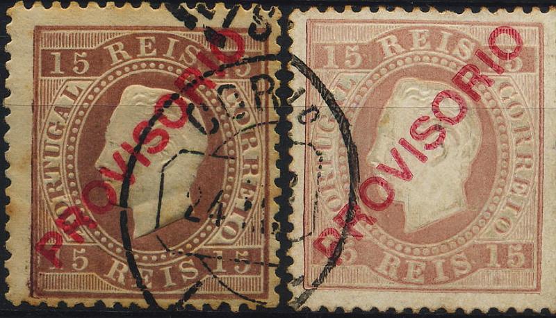 0326.jpg -     Lote:    326            Colecção Clássica - 2.ª parte       Descrição:         1892/93 &mdash; D. Luís I. Sobrecargas "PROVISÓRIO". Sobrecarga c. CE84, 15 reis castanho. Lote de dois selos: um em papel liso, denteado 12 &frac12; e outro em papel porcelana denteado 13 &frac12;. Valor de catálogo &euro; 64,10.        O       Valor Base:     &euro; 12,00     Valor Venda:     Retirado     