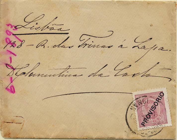 0327.jpg -     Lote:    327            Colecção Clássica - 2.ª parte       Descrição:         1892/93 &mdash; D. Luís I. Sobrecargas "PROVISÓRIO". Sobrecarga c. CE86, 25 reis lilás rosa, denteado 11 &frac12;, papel porcelana em carta circulada de Tomar para Lisboa (06.01.93).        Carta       Valor Base:     &euro; 30,00     Valor Venda:     Retirado     