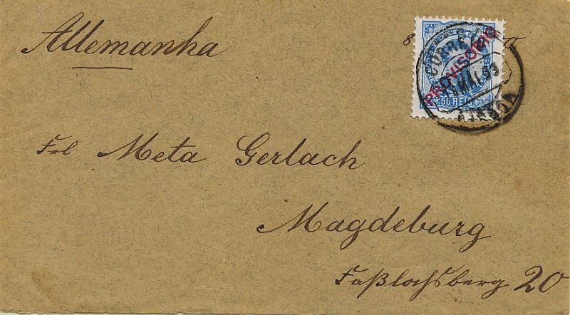0328.jpg -     Lote:    328            Colecção Clássica - 2.ª parte       Descrição:         1892/93 &mdash; D. Luís I. Sobrecargas "PROVISÓRIO". Sobrecarga c. CE87, 50 reis azul, denteado 11 &frac12;, papel porcelana em sobrescrito circulado de Lisboa (11.05.93) para a Alemanha (16.05.93). MB.        Carta       Valor Base:     &euro; 50,00     Valor Venda:     Retirado     