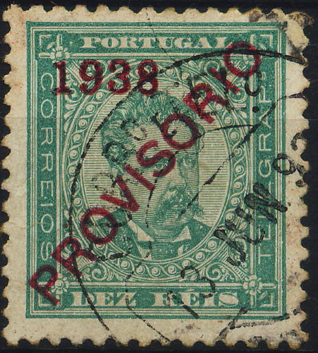 0329.jpg -     Lote:    329            Colecção Clássica - 2.ª parte       Descrição:         1892/93 &mdash; D. Luís I. Sobrecargas "PROVISÓRIO". Sobrecarga d. CE83, 10 reis verde, papel porcelana, denteado 11 &frac12;. Selo com erro "1938" em vez de "1893". Valor de catálogo &euro; 479,00.        O       Valor Base:     &euro; 100,00     Valor Venda:     &euro; 100,00     