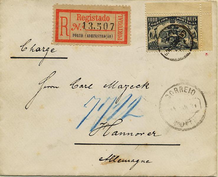0346.jpg -     Lote:    346            Colecção Clássica - 2.ª parte       Descrição:         1894 &mdash; 5.º Centenário do Nascimento do Infante D. Henrique. Sobrescrito circulado registado do Porto (12.03.94) para Hanover * Alemanha (16.03.94), com selo de 1000 reis cinzento preto s/ sépia. Selo obliterado com carimbo comemorativo. MB e R.        Carta       Valor Base:     &euro; 125,00     Valor Venda:     &euro; 200,00     