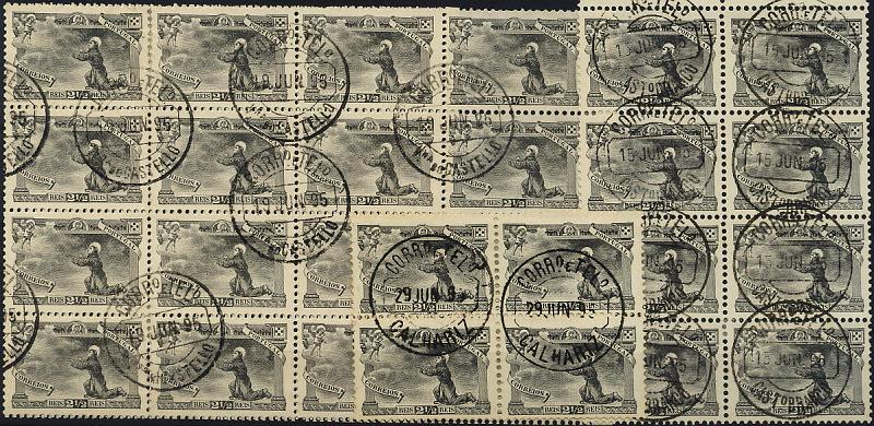 0349.jpg -     Lote:    349            Colecção Clássica - 2.ª parte       Descrição:         1895 &mdash; 7.º Centenário do Nascimento de S. António. CE111, 2 &frac12; reis preto. Lote composto por bloco de 16 selos (4x4) + bloco de 10 selos (2x5) + quadra, obliterados com carimbo de Calhariz e Castelo Branco. Valor de catálogo &euro; 60,00.        O       Valor Base:     &euro; 12,00     Valor Venda:     &euro; 24,00     