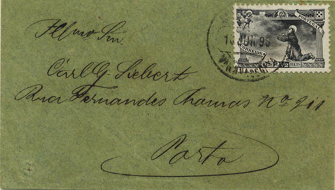 0350.jpg -     Lote:    350            Colecção Clássica - 2.ª parte       Descrição:         1895 &mdash; 7.º Centenário do Nascimento de S. António. Cinta de jornal remetido de Vila Nova de Gaia (13.06.95) para o Porto (13.06.95) com selo de 2 &frac12; reis preto CE111.        CNT       Valor Base:     &euro; 30,00     Valor Venda:     &euro; 30,00     