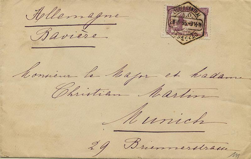 0352.jpg -     Lote:    352            Colecção Clássica - 2.ª parte       Descrição:         1895 &mdash; 7.º Centenário do Nascimento de S. António. Sobrescrito circulado aberto (impressos) de Lisboa (28.06.95 &mdash; circulação fora de prazo) para a Munique * Alemanha (02.07.95) com selo de 10 reis lilás CE113.        Carta       Valor Base:     &euro; 30,00     Valor Venda:     &euro; 34,00     