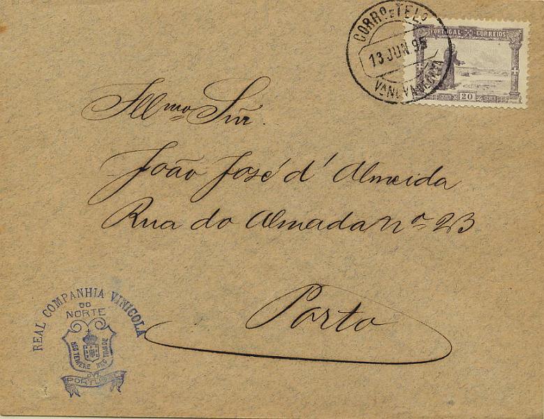 0354.jpg -     Lote:    354            Colecção Clássica - 2.ª parte       Descrição:         1895 &mdash; 7.º Centenário do Nascimento de S. António. Sobrescrito circulado aberto (impressos) de Vila Nova de Gaia (13.06.95) para o Porto (13.06.95) com selo de 20 reis violeta cinzento CE115.        Carta       Valor Base:     &euro; 30,00     Valor Venda:     &euro; 34,00     