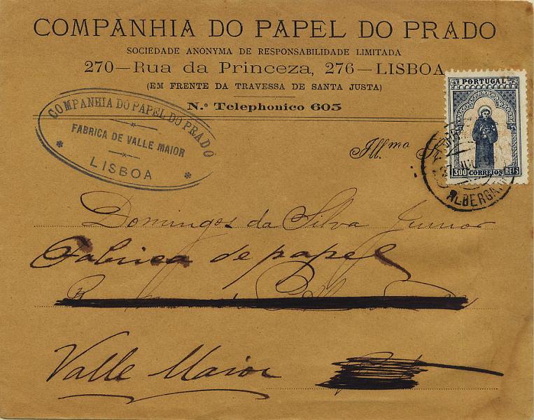 0360.jpg -     Lote:    360            Colecção Clássica - 2.ª parte       Descrição:         1895 &mdash; 7.º Centenário do Nascimento de S. António. Sobrescrito circulado de Albergaria (27.06.95) para Vale Maior, com selo de 300 reis ardósia e bistre. CE123         Carta       Valor Base:     &euro; 100,00     Valor Venda:     &euro; 220,00     
