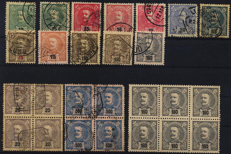 0364.jpg -     Lote:    364            Colecção Clássica - 2.ª parte       Descrição:         1895/1905 &mdash; Carlos I, tipo Mouchon. Lote composto por serei completa da 2.ª emissão CE140/147 + 3 selos com tonalidades diferentes (CE140, 141(2), 146) + quadra de 20 reis CE130 + quadra de 300 reis CE138 (um selo com defeito) + bloco de 6 selos de 180 reis CE147 (novo sem goma). Valor de catálogo &euro; 148,35.        O/*       Valor Base:     &euro; 15,00     Valor Venda:     &euro; 22,00     
