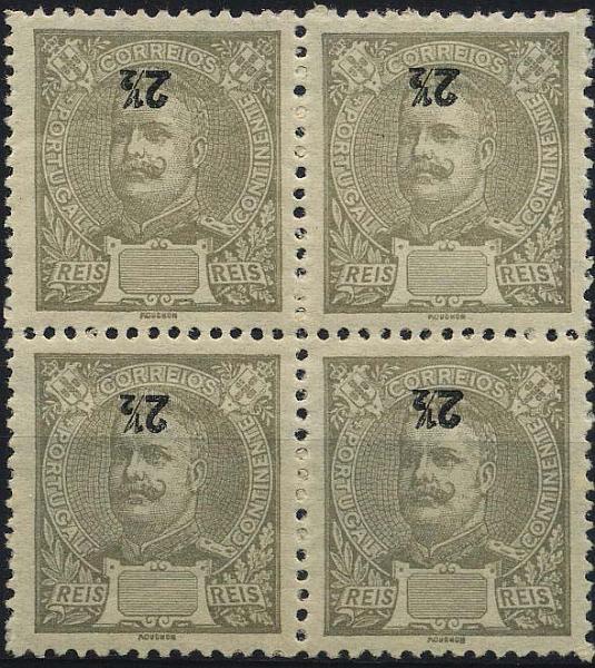 0368.jpg -     Lote:    368            Colecção Clássica - 2.ª parte       Descrição:         1895/1896 &mdash; Carlos I, tipo Mouchon. CE126, 2 &frac12; reis cinzento. Quadra com deslocação acentuada da impressão invertida da taxa.        ***/**       Valor Base:     &euro; 10,00     Valor Venda:     &euro; 16,00     