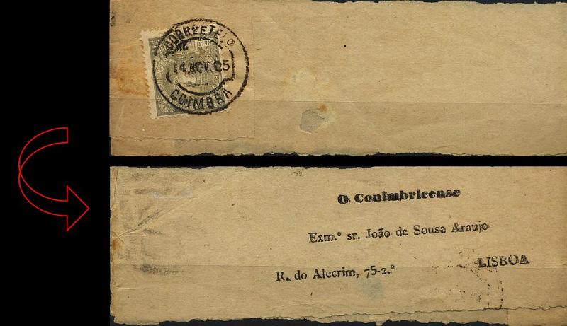 0370.jpg -     Lote:    370            Colecção Clássica - 2.ª parte       Descrição:         1895/1896 &mdash; Carlos I, tipo Mouchon. Cinta de jornal "O CONIMBRICENSE", circulada de Coimbra (14.11.05) para Lisboa com selo de 2 &frac12; reis cinzento. CE126.        CNT       Valor Base:     &euro; 10,00     Valor Venda:     &euro; 10,00     