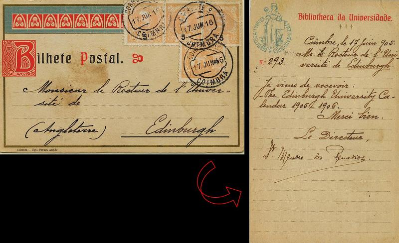 0372.jpg -     Lote:    372            Colecção Clássica - 2.ª parte       Descrição:         1895/1896 &mdash; Carlos I, tipo Mouchon. Postal ilustrado da Biblioteca da Universidade de Coimbra circulado de Coimbra (17.06.16 &mdash; erro de datador) para Edinburgh com quatro selos de 5 reis amarelo. MB e Raro postal ilustrado.         PI       Valor Base:     &euro; 25,00     Valor Venda:     &euro; 25,00     