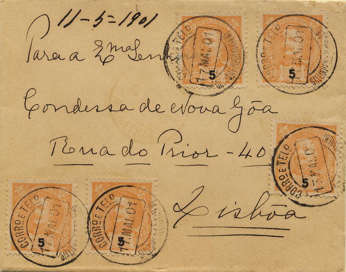 0373.jpg -     Lote:    373            Colecção Clássica - 2.ª parte       Descrição:         1895/1896 &mdash; Carlos I, tipo Mouchon. Sobrescrito circulado de Gallinheiro (17.05.01) para Lisboa (18.05.01) com trânsito por Santarém (17.05.01) com 5 selos de 5 reis amarelo, CE127. CCD batido a preto de "GALLINHEIRO (SANTAREM)". MB e R.        Carta       Valor Base:     &euro; 20,00     Valor Venda:     &euro; 110,00     
