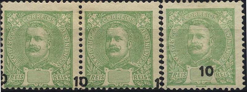 0375.jpg -     Lote:    375            Colecção Clássica - 2.ª parte       Descrição:         1895/1896 &mdash; Carlos I, tipo Mouchon. 128, 10 reis verde amarelo. Lote composto por par + um selo com impressão deslocada da taxa.        **       Valor Base:     &euro; 6,00     Valor Venda:     &euro; 18,00     