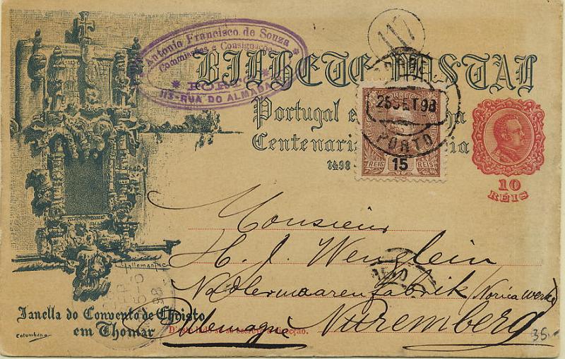 0376.jpg -     Lote:    376            Colecção Clássica - 2.ª parte       Descrição:         1895/1896 &mdash; D. Carlos I, tipo Mouchon. Inteiro Postal de 10 reis emissão comemorativa do 4.º Centenário do Descobrimento do Caminho Marítimo para a Índia (Janella do Convento de Christo em Thomar) OM29E, circulado do Porto (25.09.98) para a Alemanha (28.09.98) com selo adicional de 15 reis castanho CE129.        IC       Valor Base:     &euro; 15,00     Valor Venda:     &euro; 22,00     