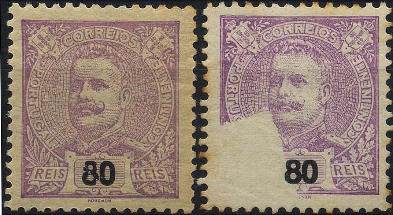 0379.jpg -     Lote:    379            Colecção Clássica - 2.ª parte       Descrição:         1895/1896 &mdash; Carlos I, tipo Mouchon. CE134, 80 reis lilás. Lote de dois selos: um com falta parcial de impressão no canto inferior esquerdo e outro com impressão defeituosa da taxa.        **       Valor Base:     &euro; 15,00     Valor Venda:     &euro; 44,00     
