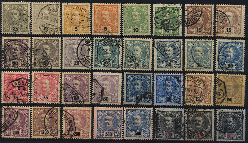 0384.jpg -     Lote:    384            Colecção Clássica - 2.ª parte       Descrição:         1895/1896 &mdash; Carlos I, tipo Mouchon. CE126/139. Série completa (incluindo selo de 500 reis em denteado 12 &frac12;) + repetições com diferentes tonalidades de cor e variedades de papel. Valor de catálogo &euro; 193,00. Lote a ver.        O       Valor Base:     &euro; 18,00     Valor Venda:     &euro; 24,00     