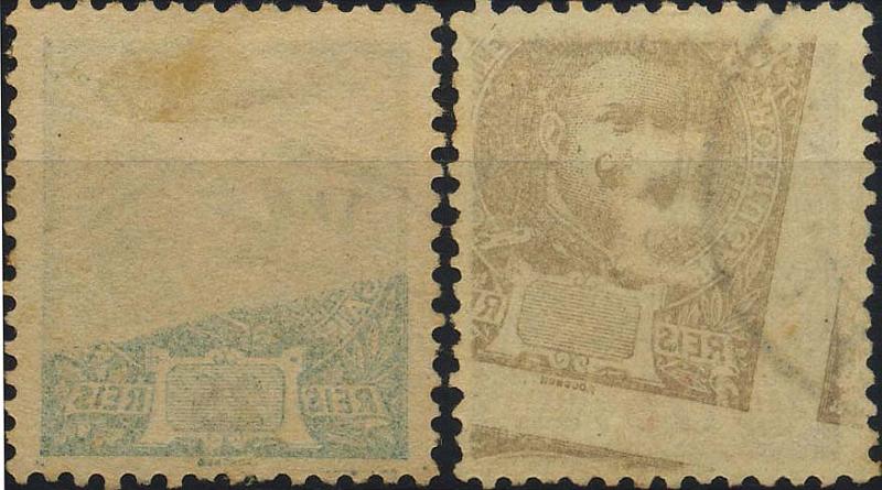 0385.jpg -     Lote:    385            Colecção Clássica - 2.ª parte       Descrição:         1895/1905 &mdash; Carlos I, tipo Mouchon. Lote de dois selos: um de 25 reis verde azul CE131 e outro de 75 reis castanho bistre s/ amarelo CE144 com impressão no verso por decalque.        O       Valor Base:     &euro; 5,00     Valor Venda:     &euro; 5,00     