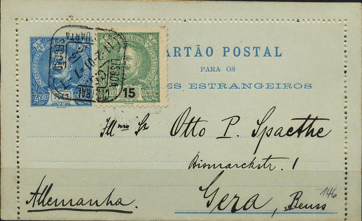 0386.jpg -     Lote:    386            Colecção Clássica - 2.ª parte       Descrição:         1898/1905 &mdash; Carlos I, tipo Mouchon. Cartão Postal de 50 reis azul emissão de D. Carlos I Mouchon, OM6, circulado de Lisboa (11.02.1901) para Gera * Alemanha (15.02.1901) com selo adicional de 15 reis verde CE140.        IC       Valor Base:     &euro; 10,00     Valor Venda:     &euro; 40,00     