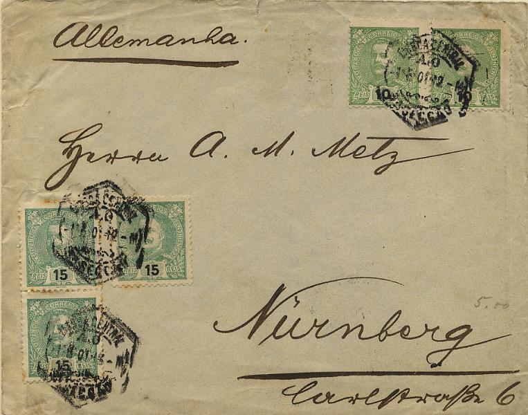 0387.jpg -     Lote:    387            Colecção Clássica - 2.ª parte       Descrição:         1895/1905 &mdash; Carlos I, tipo Mouchon. Sobrescrito circulado de Lisboa (01.05.01) para Nuremberga (05.05.01) com par de 10 reis verde amarelo CE128 + 3 selos de 15 reis verde CE140.        Carta       Valor Base:     &euro; 30,00     Valor Venda:     Retirado     