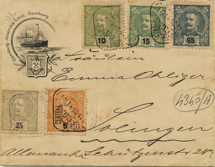 0389.jpg -     Lote:    389            Colecção Clássica - 2.ª parte       Descrição:         1895/1905 &mdash; Carlos I, tipo Mouchon. Sobrescrito timbrado da Hamburg &mdash; Amerika Linie, Hamburg, circulado de Lisboa (25.11.1900) com selos de 2 &frac12;, 5, 10, 15 e 65 reis CE126, 127, 128, 140 e 143.        Carta       Valor Base:     &euro; 15,00     Valor Venda:     &euro; 48,00     