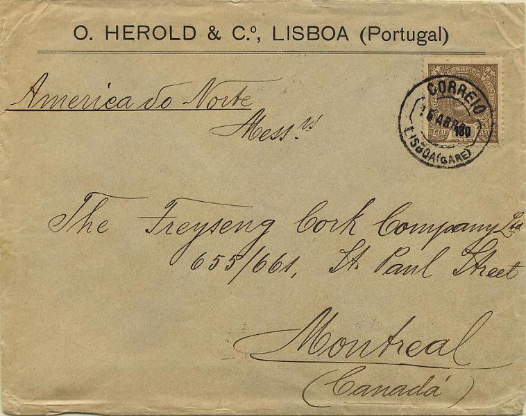 0391.jpg -     Lote:    391            Colecção Clássica - 2.ª parte       Descrição:         1898/1905 &mdash; Carlos I, tipo Mouchon. Sobrescrito circulado de Lisboa (15.04.1904) para Montreal (28.04.1904) com selo de 130 reis castanho s/ amarelo CE146. MB.        Carta       Valor Base:     &euro; 50,00     Valor Venda:     &euro; 55,00     