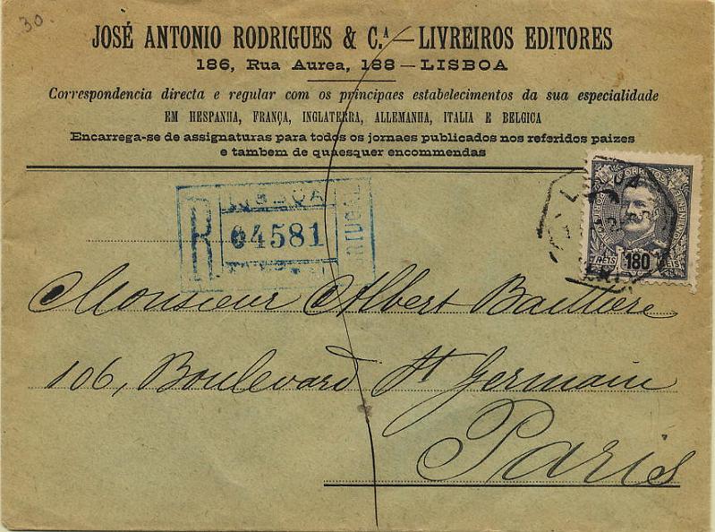 0392.jpg -     Lote:    392            Colecção Clássica - 2.ª parte       Descrição:         1898/1905 &mdash; Carlos I, tipo Mouchon. Sobrescrito circulado registado de Lisboa (11.12.03) para Paris (15.12.03) com selo de 180 reis ardósia s/ rosa, CE147. Duplo porte + registo para países da Europa e EUA.        Carta       Valor Base:     &euro; 75,00     Valor Venda:     &euro; 75,00     