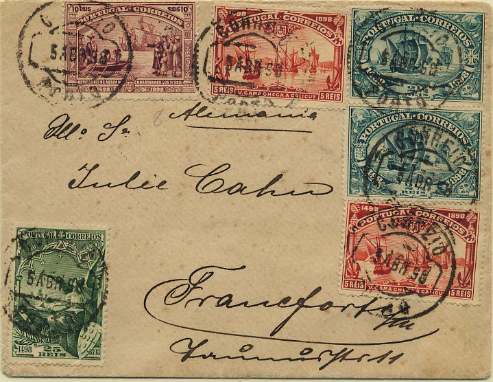 0398.jpg -     Lote:    398            Colecção Clássica - 2.ª parte       Descrição:         1898 &mdash; 4.º Centenário do Descobrimento do Caminho Marítimo para a Índia. Sobrescrito circulado do Porto (05.04.98) para a Alemanha (07.04.98) com dois selos de 2 &frac12; reis CE148, 2 selos de 5 reis CE149, selo de 10 reis CE150 e selo de 25 reis CE151.        Carta       Valor Base:     &euro; 20,00     Valor Venda:     &euro; 34,00     