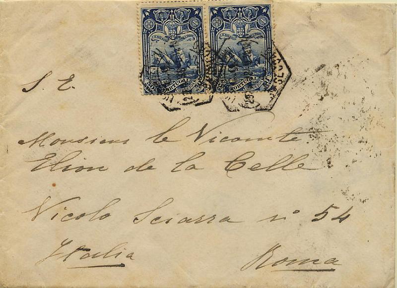 0399.jpg -     Lote:    399            Colecção Clássica - 2.ª parte       Descrição:         1898 &mdash; 4.º Centenário do Descobrimento do Caminho Marítimo para a Índia. Sobrescrito circulado de Lisboa (27.04.98) para Roma (02.05.98) com par de selos de 50 reis azul escuro CE152.        Carta       Valor Base:     &euro; 20,00     Valor Venda:     &euro; 34,00     