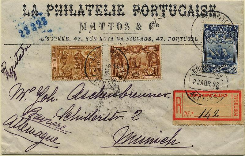 0401.jpg -     Lote:    401            Colecção Clássica - 2.ª parte       Descrição:         1898 &mdash; 4.º Centenário do Descobrimento do Caminho Marítimo para a Índia. Sobrescrito circulado registado de Alcains (23.04.98) para Munique (27.04.98) com trânsito pela A. R. Beira Alta (24.04.98) e A. R. Beira Baixa (24.04.98) com selo de 50 reis azul CE152, 100 reis castanho amarelo CE154 e 150 reis bistre CE155. No verso duas vinhetas da Mostra Filatélica de Torino        Carta       Valor Base:     &euro; 75,00     Valor Venda:     &euro; 75,00     