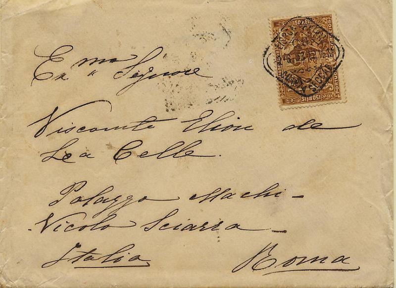 0402.jpg -     Lote:    402            Colecção Clássica - 2.ª parte       Descrição:         1898 &mdash; 4.º Centenário do Descobrimento do Caminho Marítimo para a Índia. Sobrescrito circulado de Lisboa (02.06.98) para Roma (06.06.98) com selo de 150 reis bistre CE155. MB e R.        Carta       Valor Base:     &euro; 50,00     Valor Venda:     &euro; 50,00     