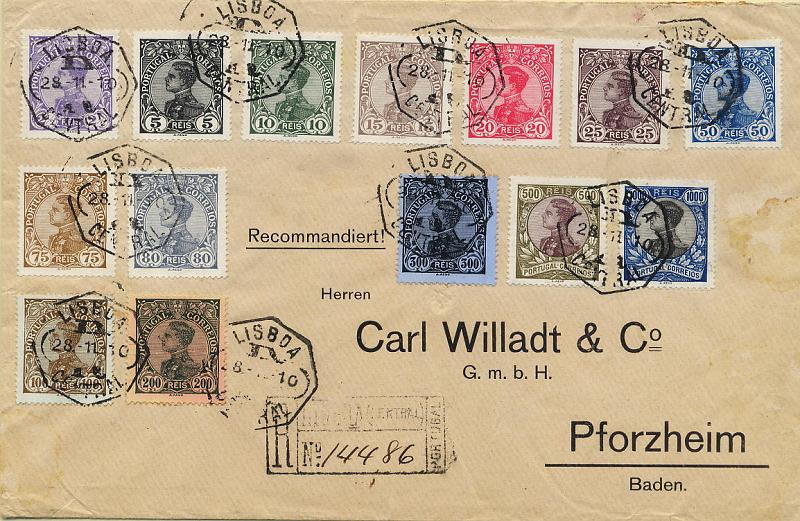 0404.jpg -     Lote:    404            Colecção Clássica - 2.ª parte       Descrição:         1910 &mdash; D. Manuel II. Sobrescrito circulado registado de Lisboa (28.11.10) para a Alemanha com a série completa. MB e MR.        Carta       Valor Base:     &euro; 200,00     Valor Venda:     Retirado     