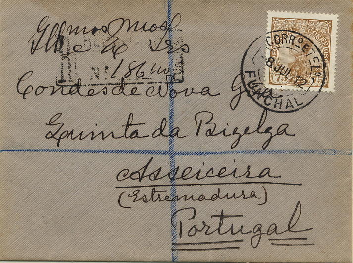 0408.jpg -     Lote:    408            Colecção Clássica - 2.ª parte       Descrição:         1910 &mdash; D. Manuel II. Sobrescrito circulado registado do Funchal (08.07.12) para Asseiceira, com selo de 75 reis bistre CE163. Utilização muito tardia dos selos sem sobrecarga REPUBLICA. MB.        Carta       Valor Base:     &euro; 40,00     Valor Venda:     &euro; 40,00     