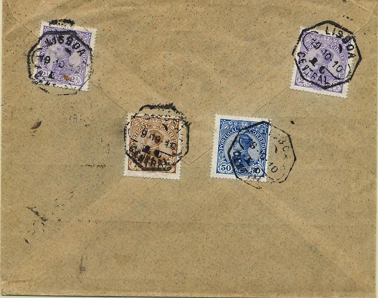 0409.jpg -     Lote:    409            Colecção Clássica - 2.ª parte       Descrição:         1910 &mdash; D. Manuel II. Sobrescrito circulado registado de Lisboa (19.10.10) para Praga, com selos de 2 &frac12; (2), 50 e 75 reis (2.º porte + registo) CE156, 162 e 163.        Carta       Valor Base:     &euro; 30,00     Valor Venda:     Retirado     